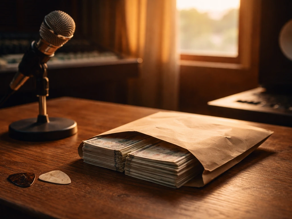 Vintage studio desk with microphone and a plain envelope of naira cash, symbolizing music wealth analysis