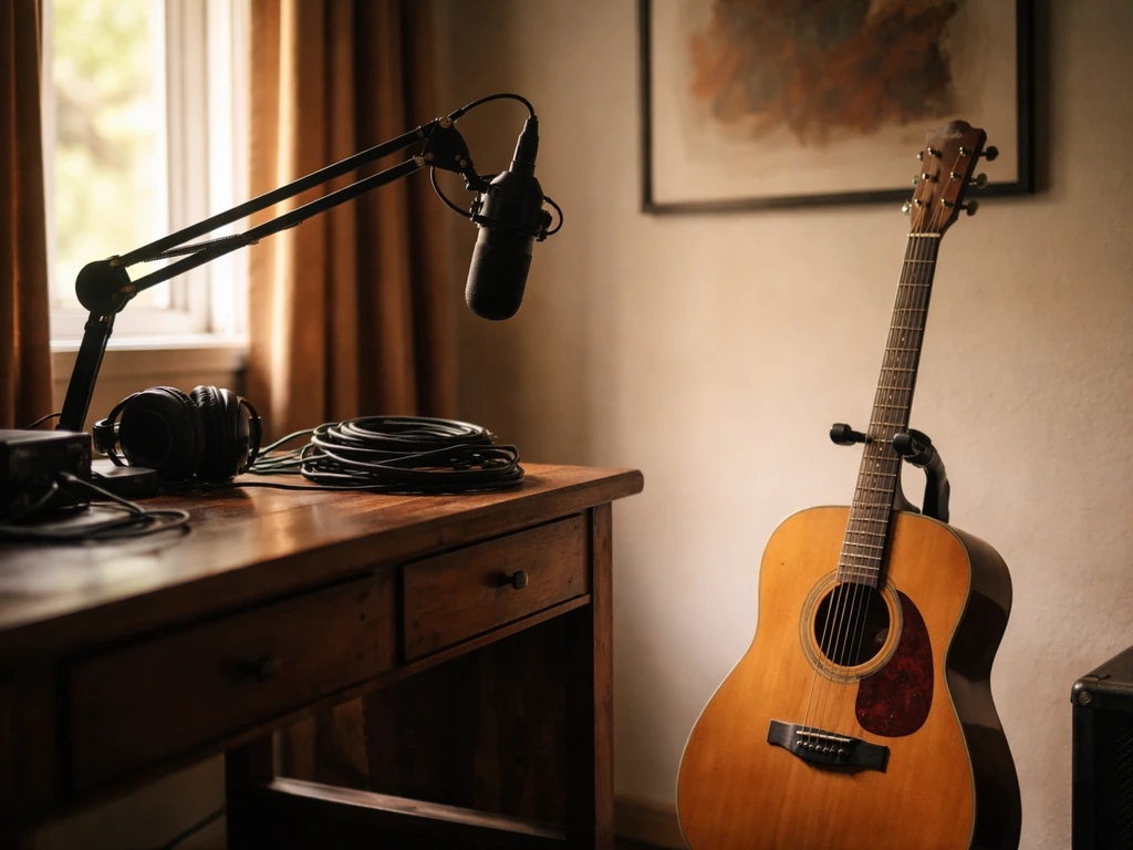 Vintage guitar and microphone in a warm recording studio corner, symbolizing creative legacy and wealth analysis.