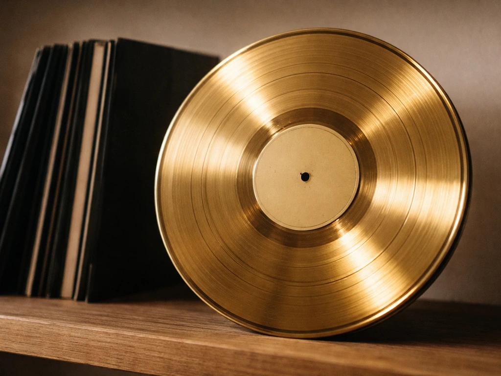 Vintage gold record disk and vinyl records in soft light, suggesting record sales milestones