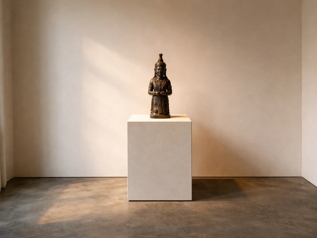 Minimal art gallery interior with a single sculptural artwork on a pedestal under natural light.