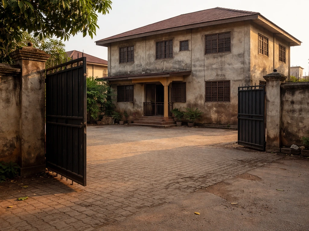 Benin City street view of a quiet compound with a gate and multi-window house, suggesting long-term property holdings.