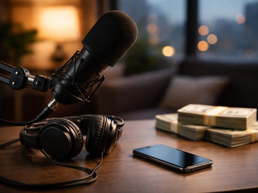 Close-up of a studio microphone and headphones with subtle cash symbolism on a desk