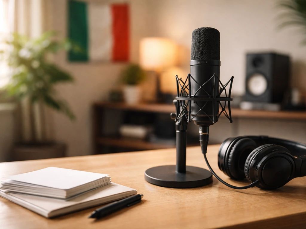 Minimal desk scene with studio microphone and Nigerian flag colors, symbolizing identifying the right Victor AD