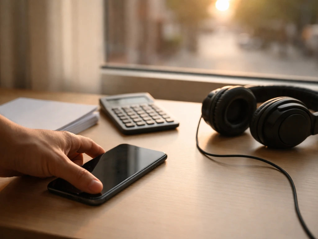 Anonymous desk scene with a smartphone, calculator, and blank papers suggesting media-based net worth estimates.
