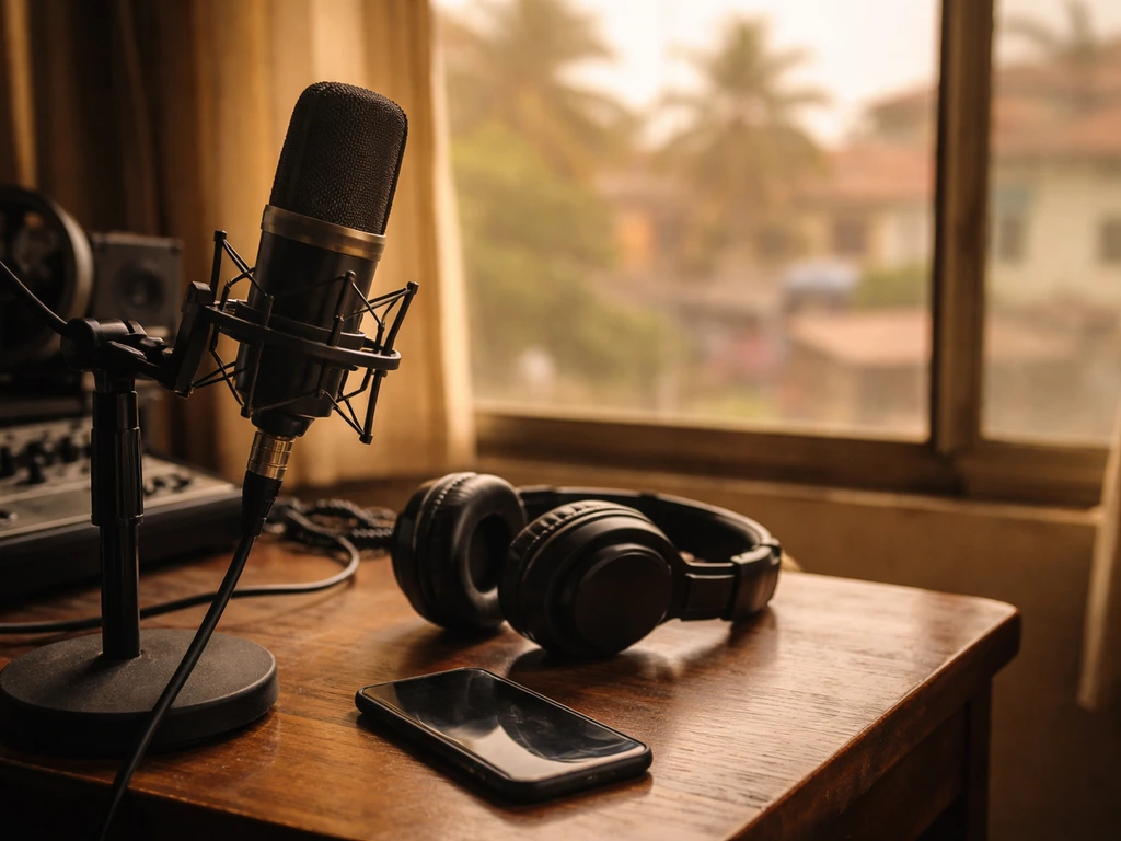 Unbranded studio desk with microphone and headphones, urban window light in the background.