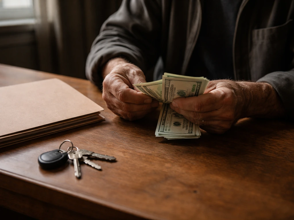 Anonymous hands counting money on a plain desk with keys and a closed brown folder nearby.