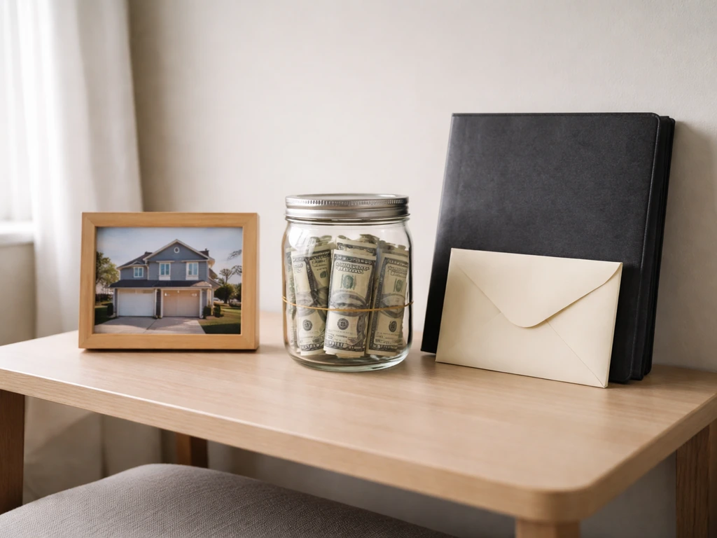 Minimal living room table with a house photo and cash jar beside a dark debt folder, symbolizing assets vs liabilities.