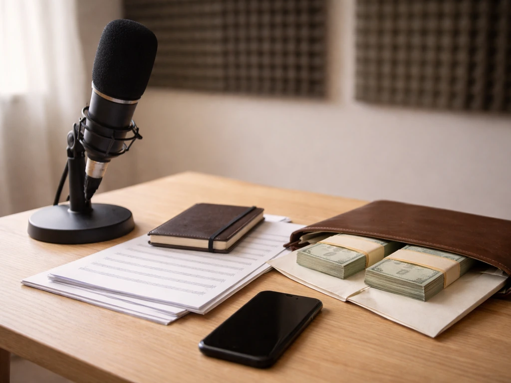 Close-up of a studio desk with music sheets, a smartphone, and a composer-style notebook beside money envelopes