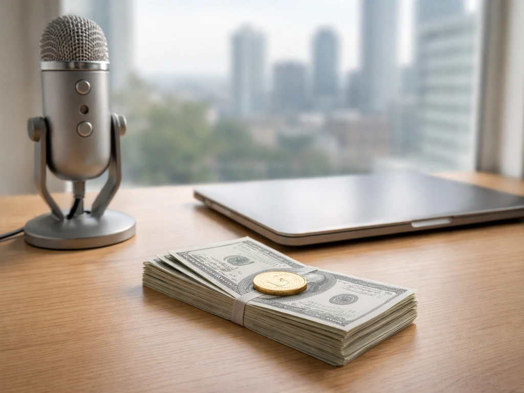 Minimal desk scene with a microphone, laptop, and money beside a blurred city skyline window.