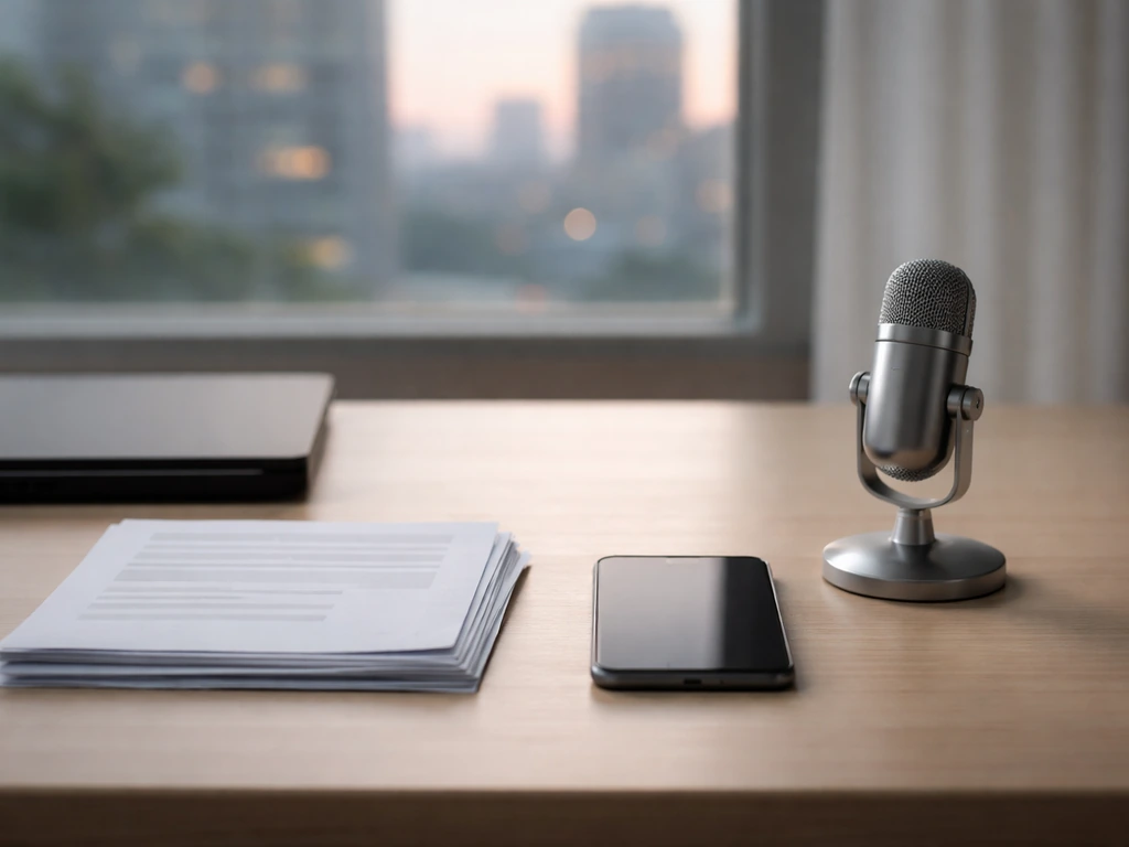 Minimal desk scene with documents, microphone, and phone suggesting MLB earnings breakdown without any text.