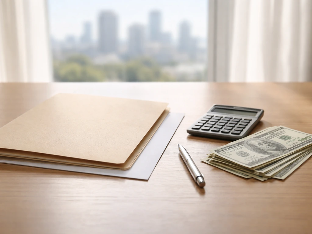 Sunlit desk with scattered cash and a tax document folder, symbolizing earnings reduced by deductions.