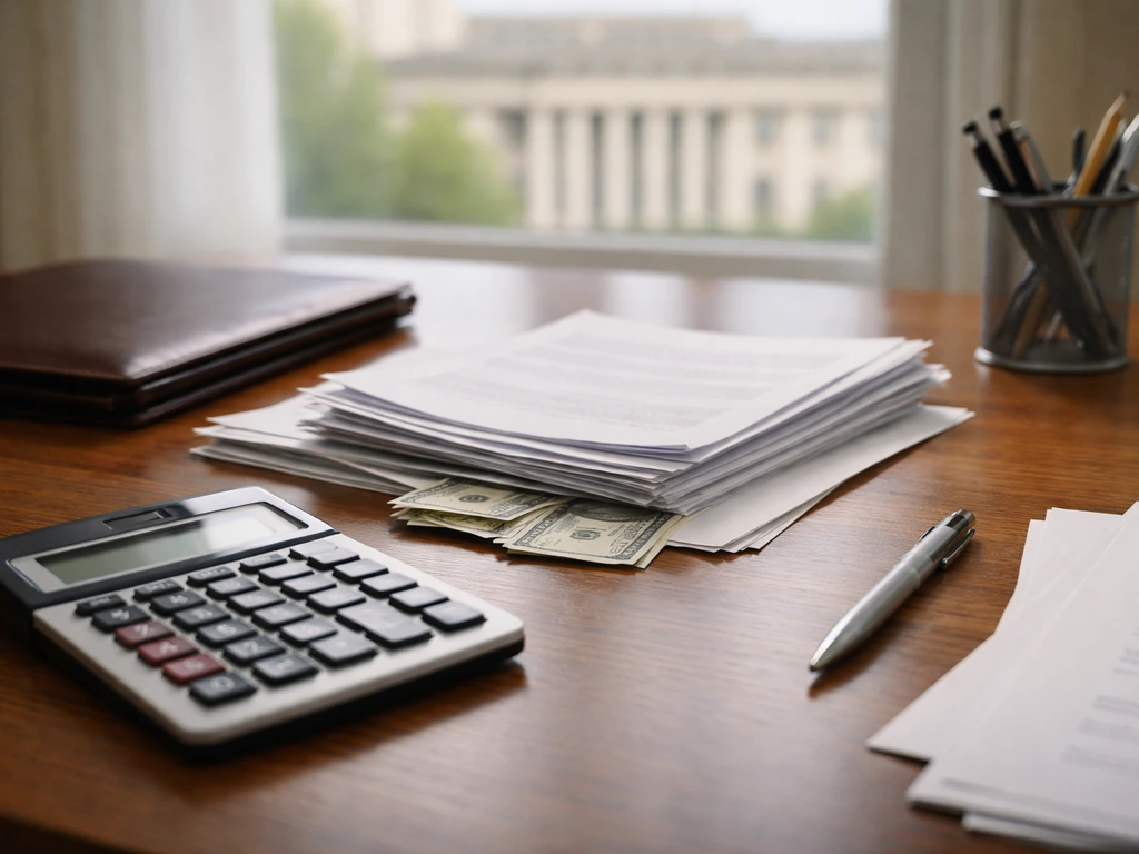 Office scene with blurred Nigerian parliamentary-style backdrop and a calculator on a desk, symbolizing net worth estima