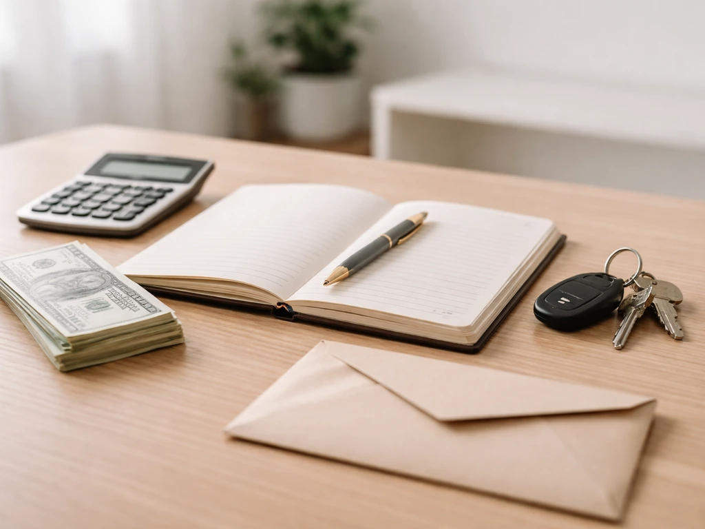 Minimal photo showing a notebook and calculator beside cash and keys, symbolizing assets minus liabilities.