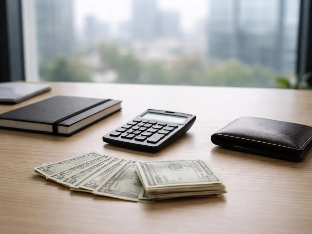 Minimal office desk scene with a calculator and neatly arranged cash, suggesting a net worth range estimate.