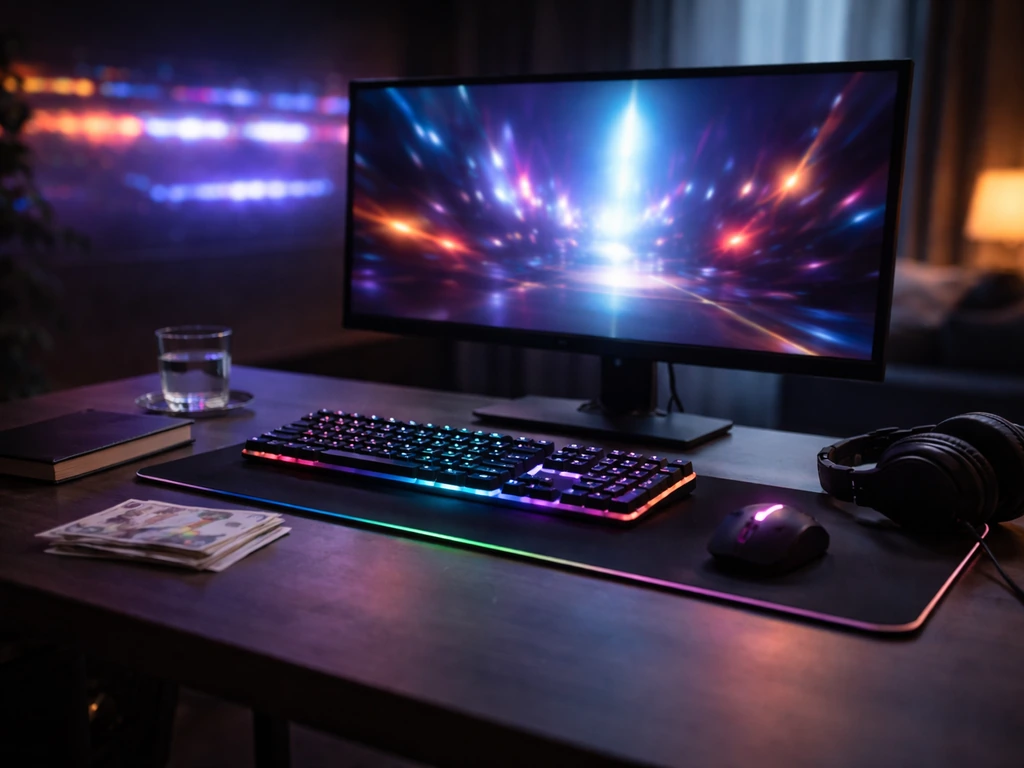 Minimal esports-themed scene with money and a streaming setup, symbolizing Victor Goossens net worth topic