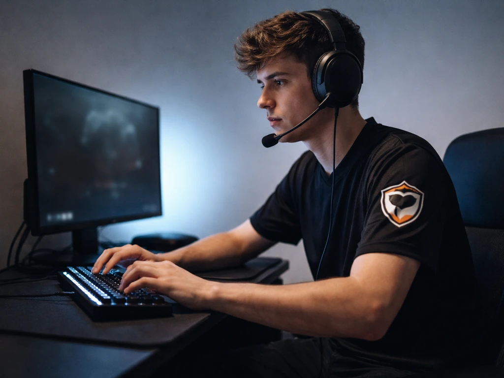 Dutch esports gamer in a simple studio setup with a keyboard and headset, indicating the “Nazgul” identity