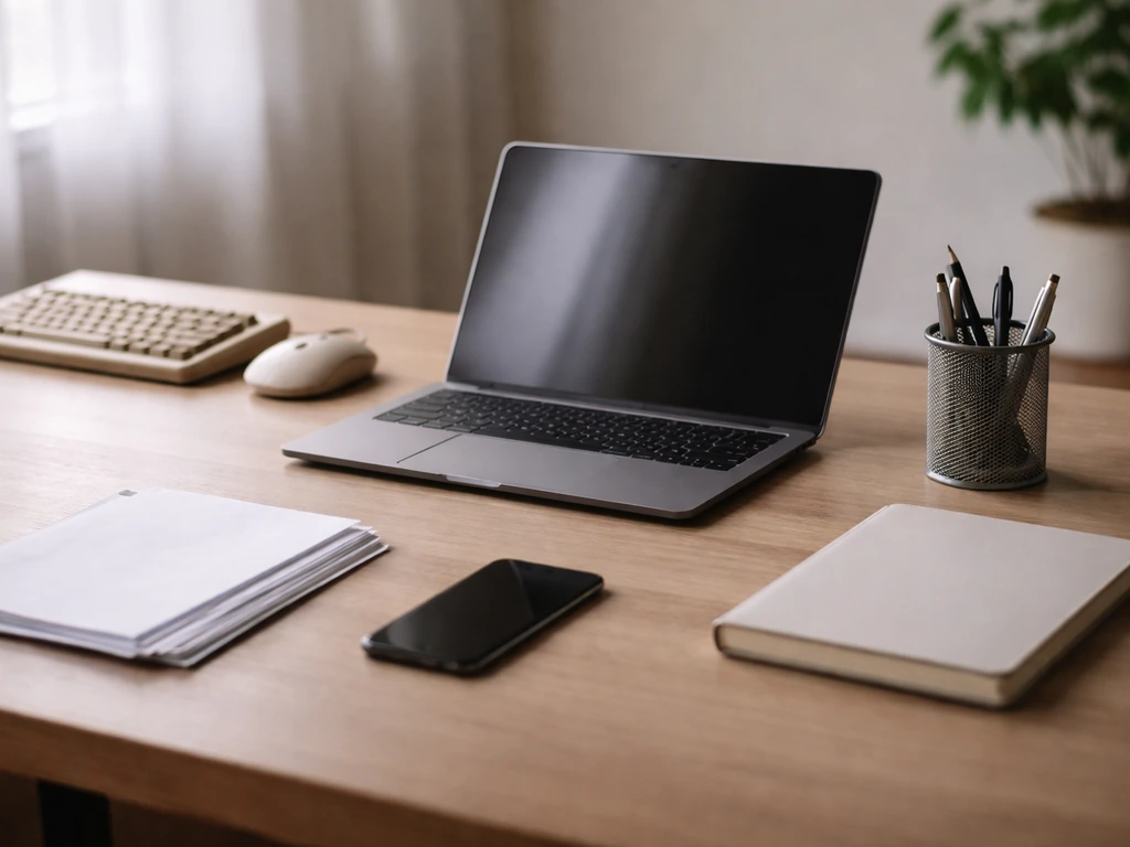 Minimal photo of a simple desk setup with a laptop and scattered documents, symbolizing a career timeline.