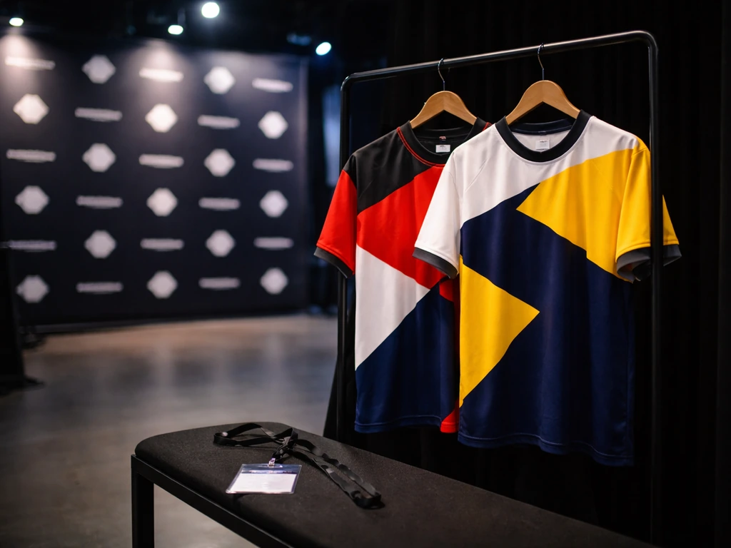 Backstage rack with esports jerseys and a blurred sponsor backdrop wall, symbolizing sponsorship deals.