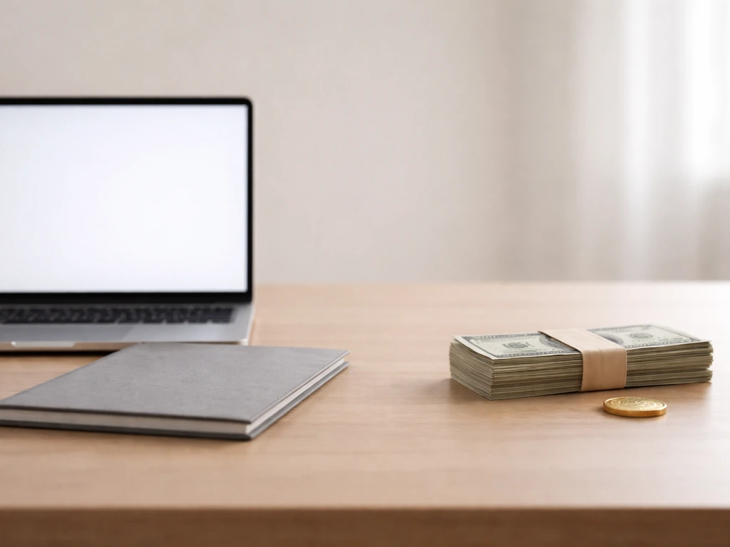 Minimal desk scene contrasting business valuation items and personal wealth symbols.