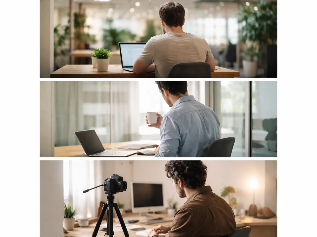 Minimal collage of three anonymous figures in business settings, symbolizing ambiguous search results