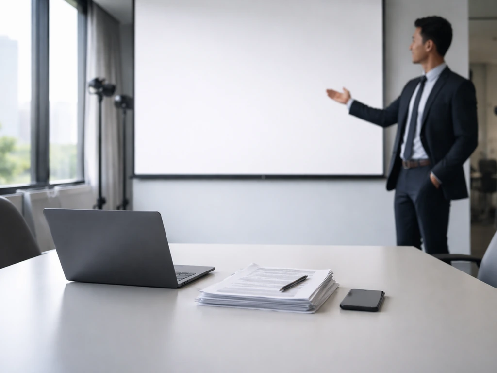 Executive pitch room with a laptop, documents, and a focused business mood suggesting CEO compensation context