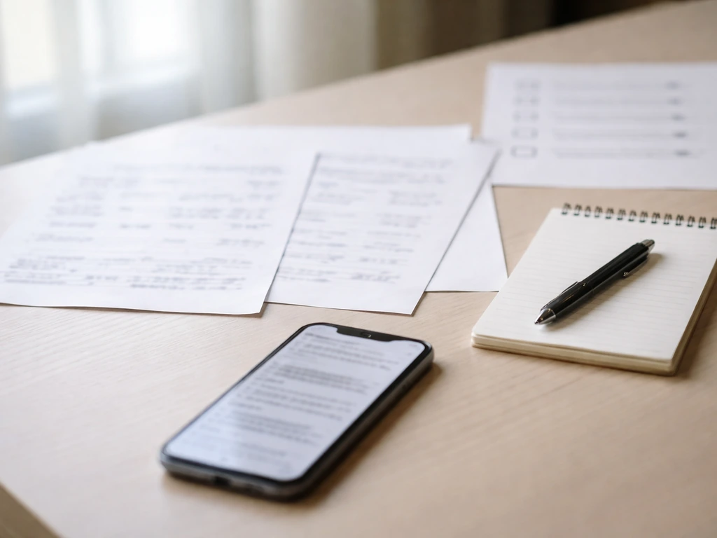 Minimal desk scene with scattered receipts, a notebook, and a phone showing generic financial headlines