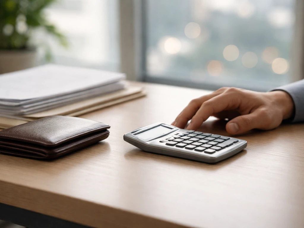 Minimal photo of a tidy desk with a calculator, wallet, and scattered documents symbolizing assets minus liabilities