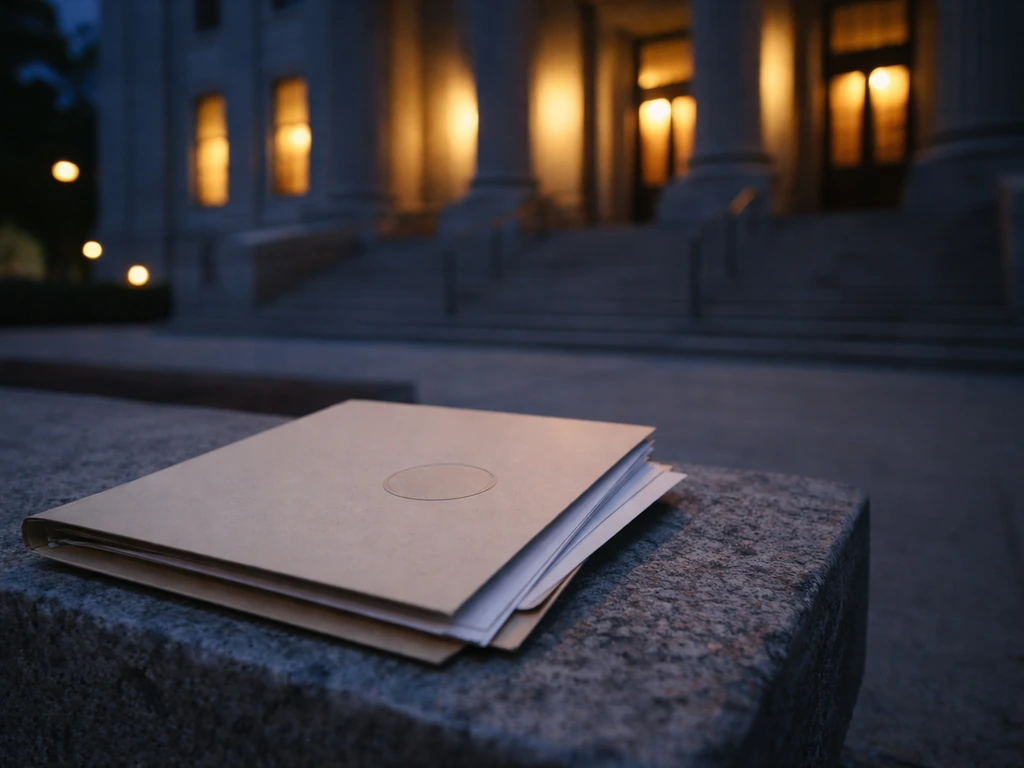 Courthouse exterior at dusk with a sealed folder suggesting Chapter 11 bankruptcy documents
