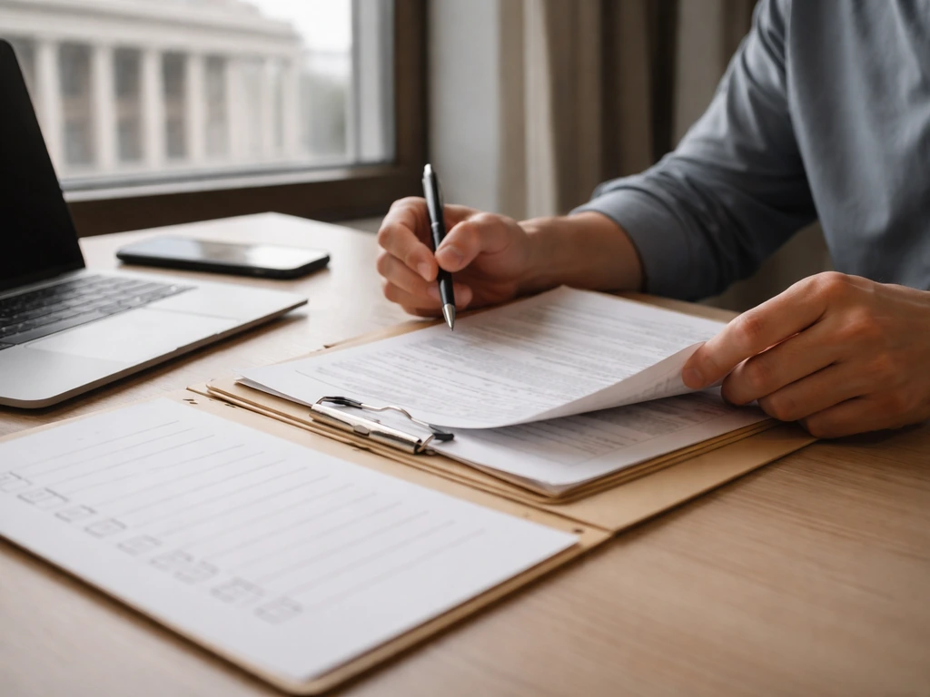 Hands reviewing blank public-record documents on a desk with a laptop and courthouse view through window.