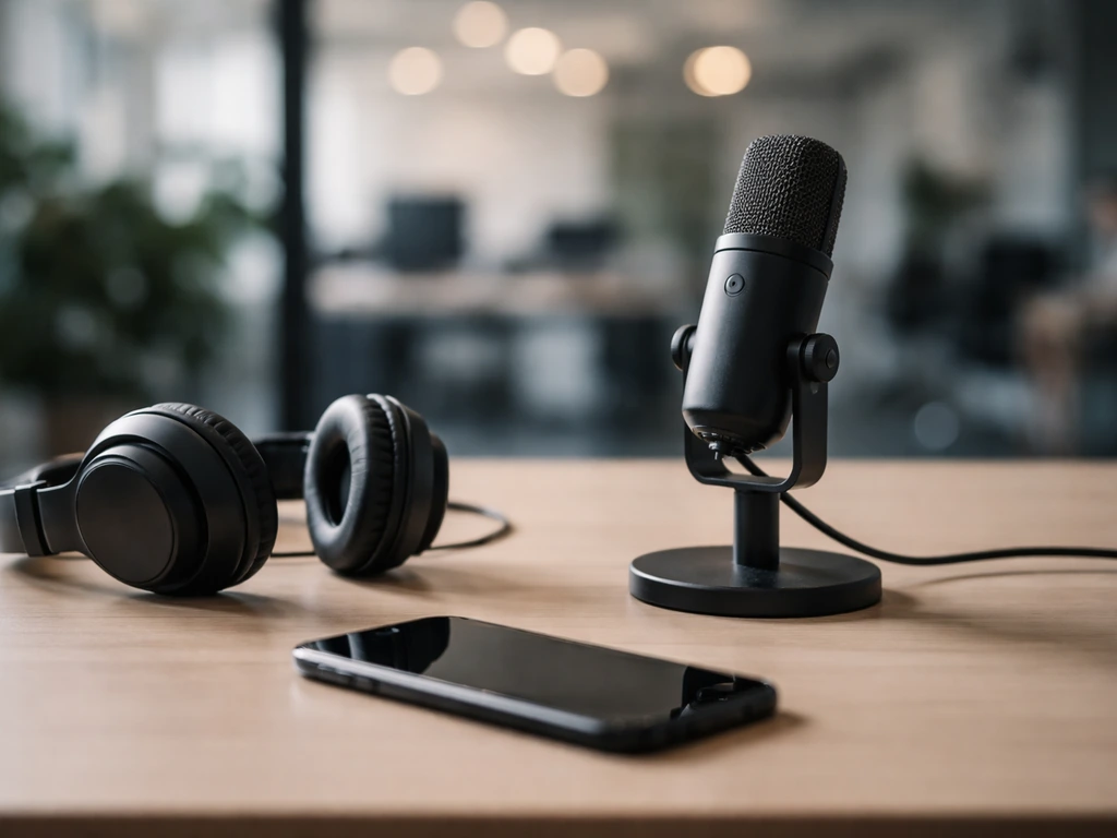 Minimal photo of a media office desk with a microphone and phone, symbolizing verifying a public profile