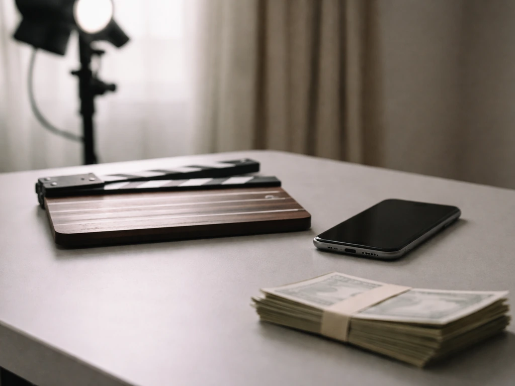 Minimal photo of a film production setup with a clapperboard and cash-styled props on a desk
