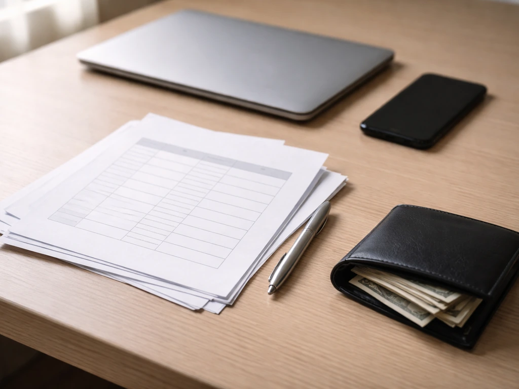 Minimal desk scene with printed role pages and a few generic banknotes suggesting net worth estimate inputs.