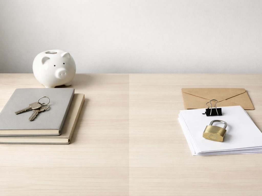 Minimal desk scene split into assets (keys/coin bank) and liabilities (papers/envelope with padlock).