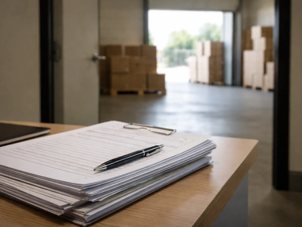 Close-up of invoice-style paperwork beside a quiet warehouse loading dock doorway