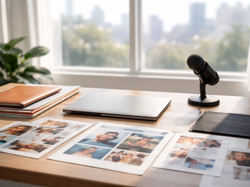 Minimal PR agency desk with campaign boards and scattered media clippings suggesting separate income streams