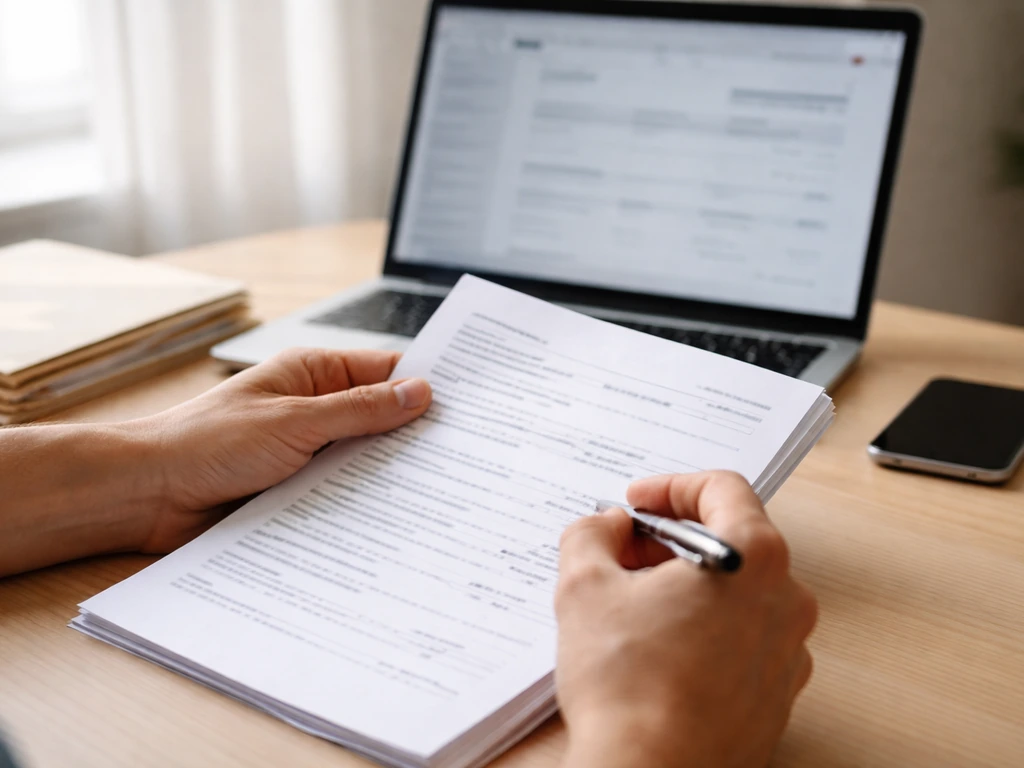 Close view of hands reviewing financial documents beside a laptop with blurred public records style screens