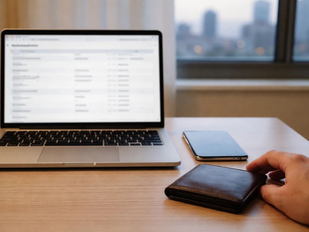 Minimal desk scene with open laptop and a closed wallet, symbolizing public vs private net-worth info.