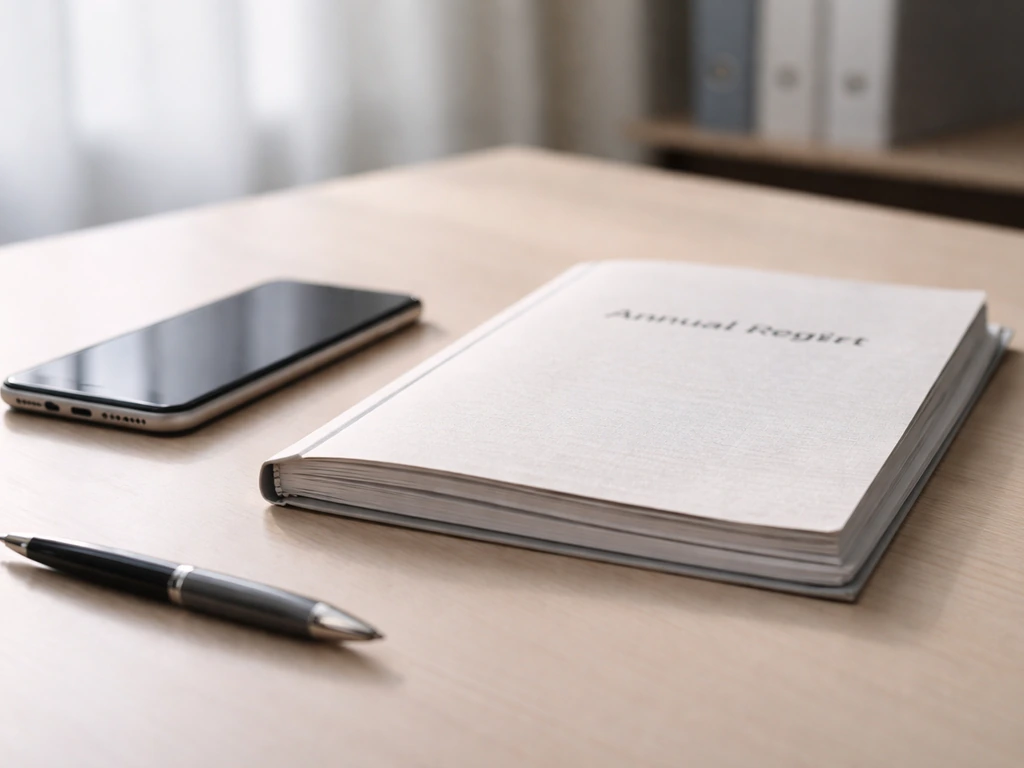 Close-up of a smartphone beside a company annual report on a desk, suggesting executive remuneration evidence.