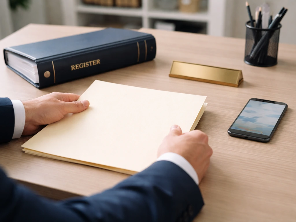 Anonymous hands placing a blank corporate registry folder on a desk with a blurred finance phone screen.