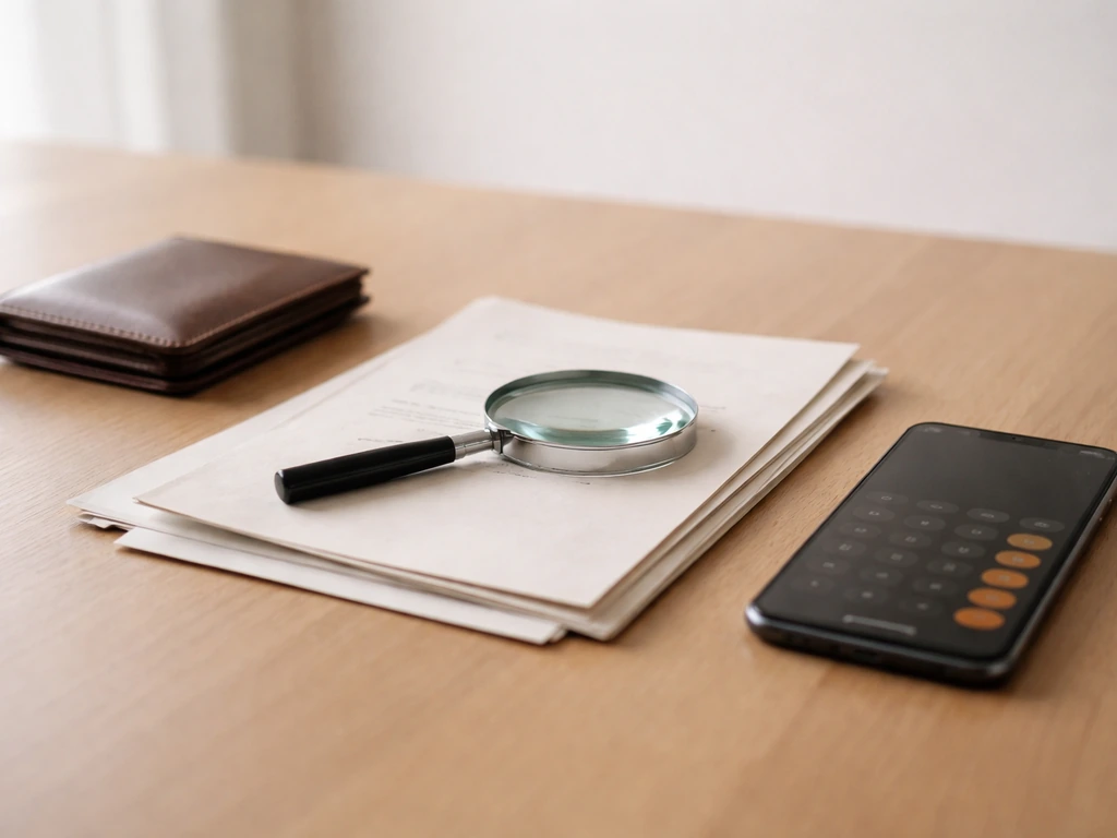 Minimal desk scene with documents, a wallet, smartphone calculator, and a magnifying glass symbolizing net worth verific
