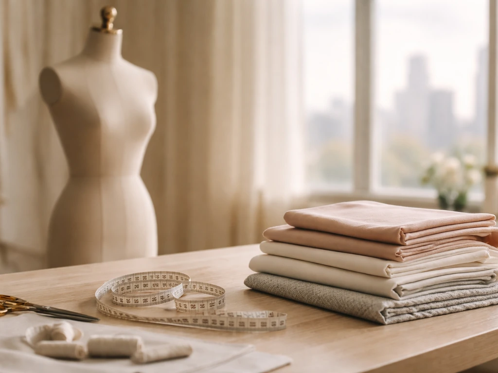 Minimal fashion studio desk with a dress form, folded fabrics, and measuring tape in natural window light.