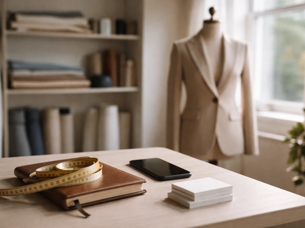 Minimal fashion studio desk scene with dress form, tools, and business cards in natural light.