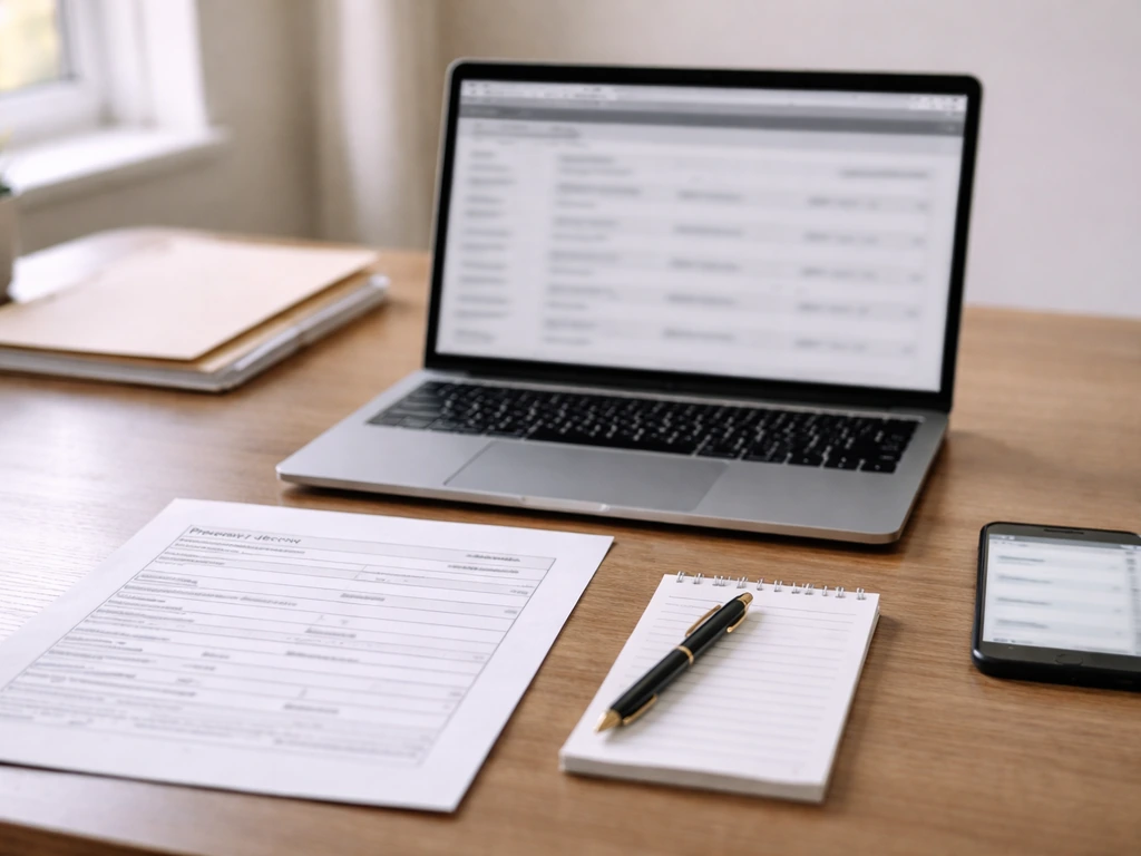 Minimal desk scene with laptop, property document, checklist pad, and phone showing blurred verification screens.