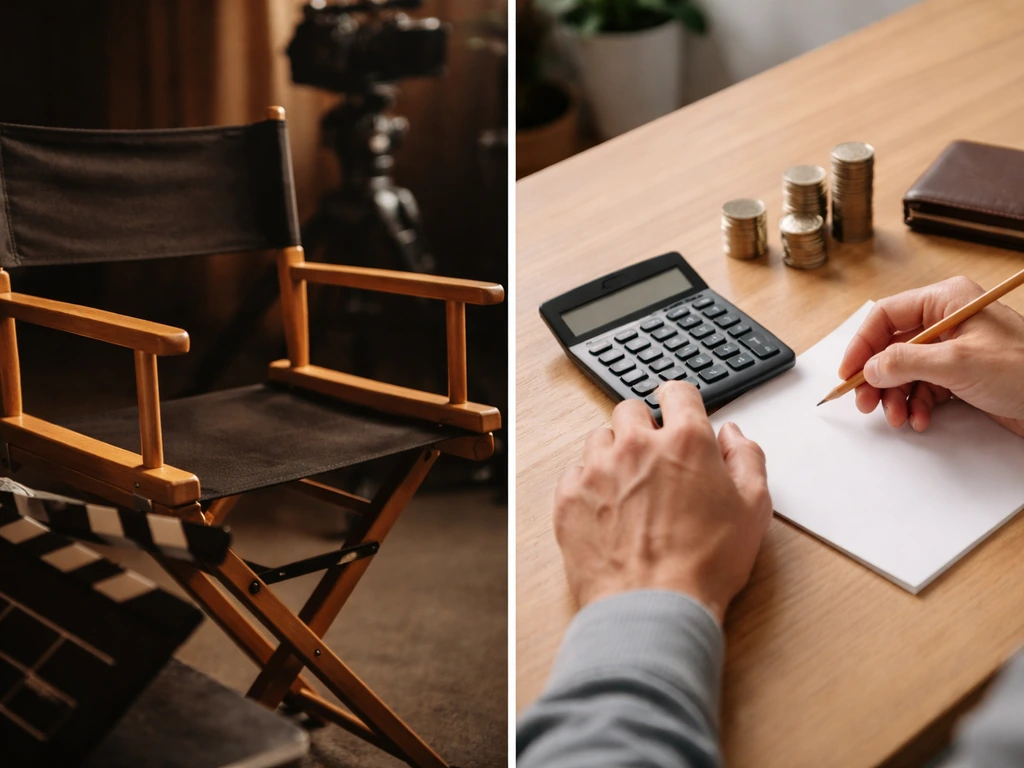 Split-screen: film studio director vibe on left and anonymous money calculation desk on right.