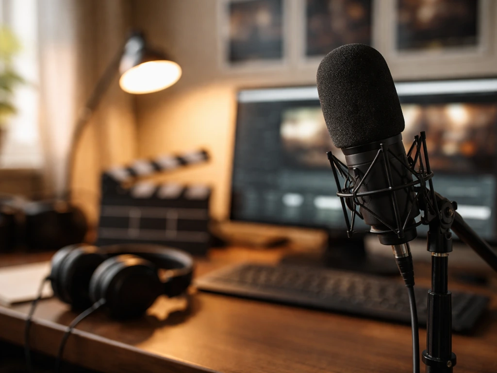 Film editing setup with microphone in a quiet studio, evoking a director’s identity.