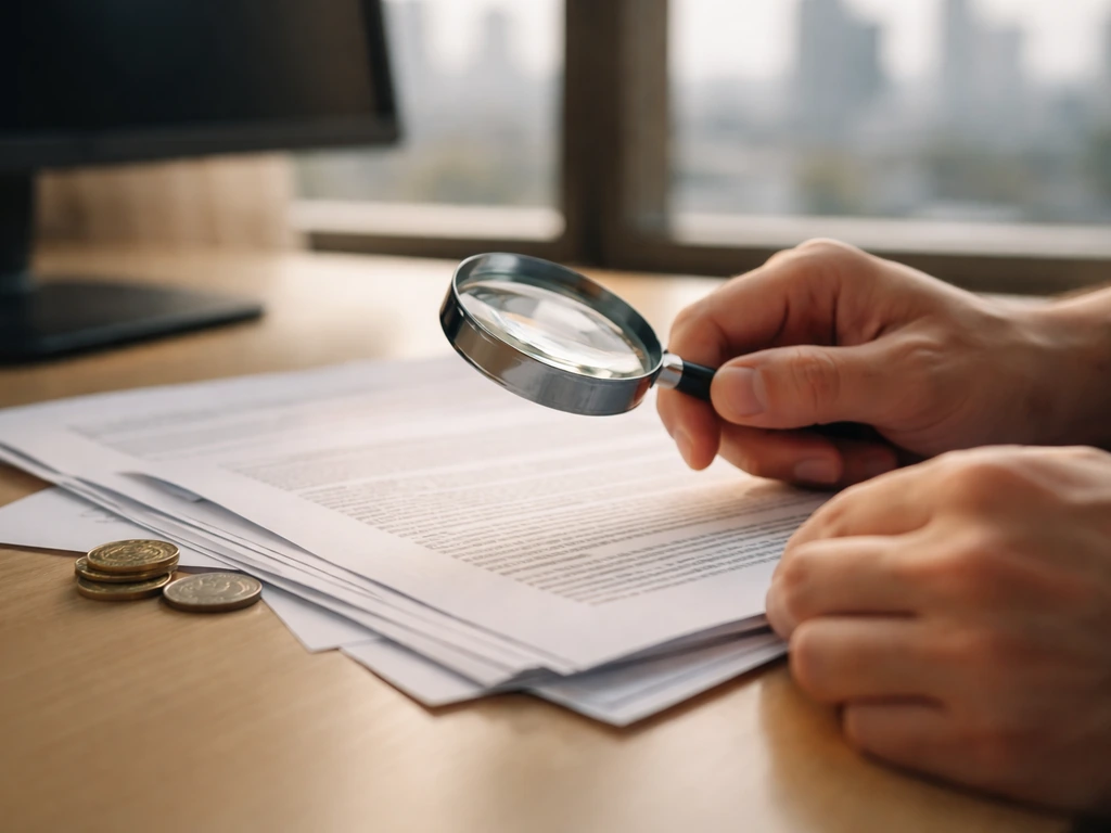 Close-up of hands holding a magnifying glass over scattered documents and coins on a desk