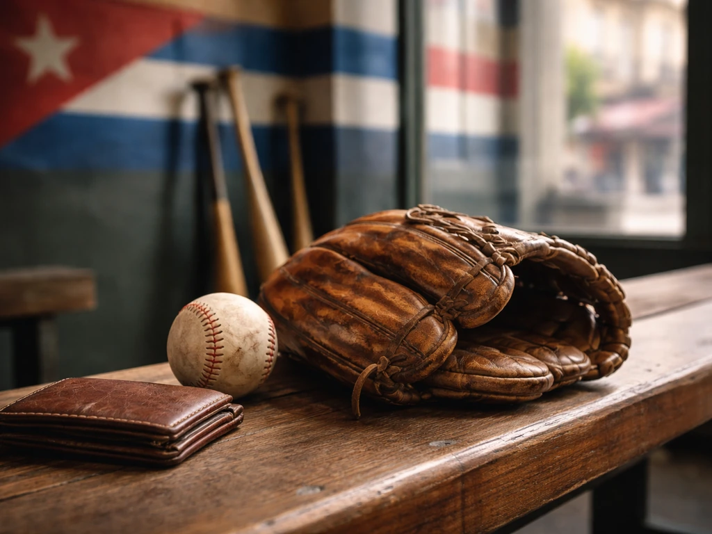 Baseball glove and ball on a bench with a leather wallet in a modern training facility, Cuban-inspired colors.