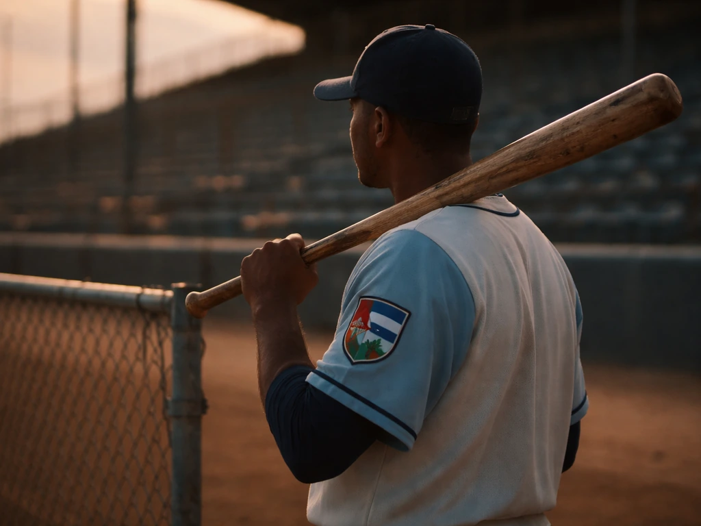 Cuban baseball player in vintage uniform holding a bat near a stadium fence at dusk