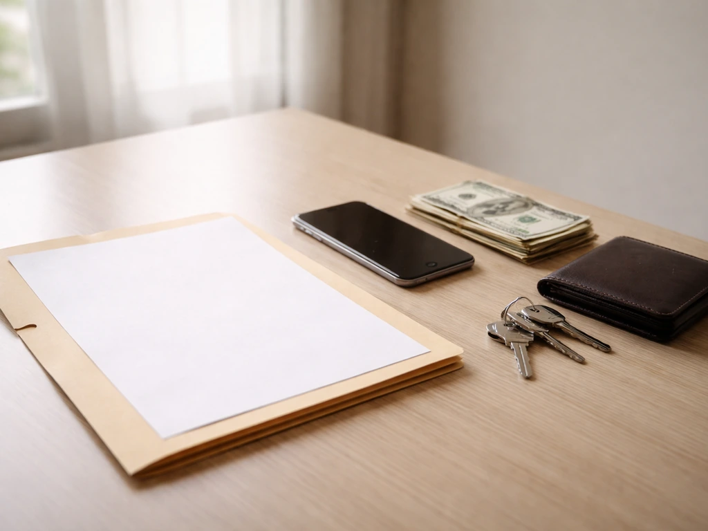 Minimal desk scene with a phone, cash, and a folder suggesting estimating net worth from public records.