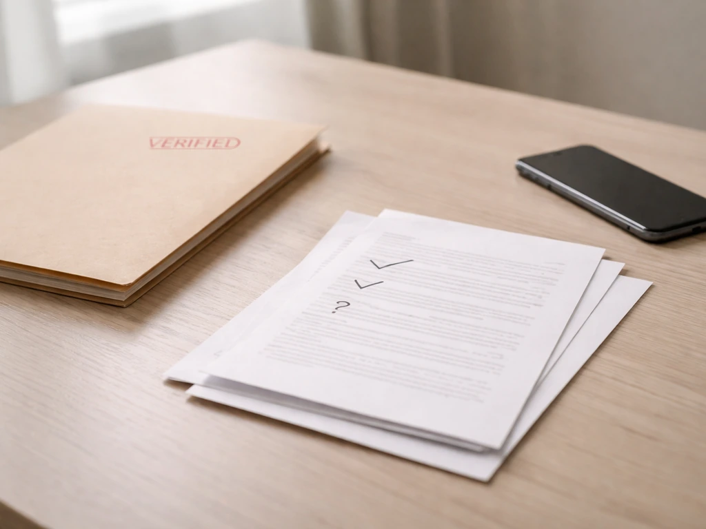 Minimal photo of a business desk with documents and a smartphone beside a checked folder, symbolizing verification vs es